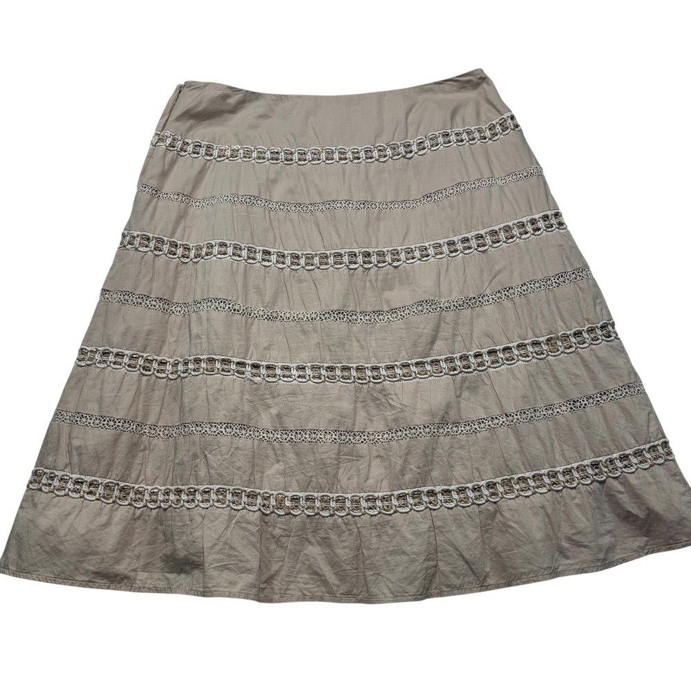 Talbots Womens 8 Tan Cotton Crochet Trim Tiered A-Line Midi Skirt Coastal #82